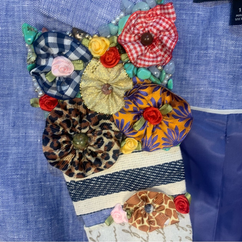 Talbots 100% Linen Embellished Appliqué Detail Lapels Stones Beading Roses - Picture 5 of 11